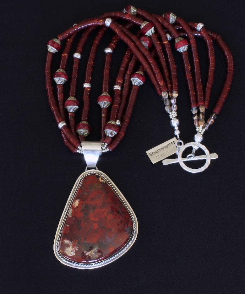 Rainbow Brecciated Jasper and Sterling Silver Pendant with Red Jasper Heishi, Czech Glass and Sterling Silver