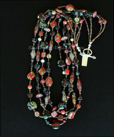 Red Art Glass 4-Strand Necklace with Smoky Quartz, Olive Shell Heishi and Sterling