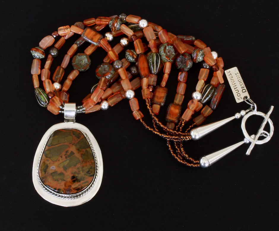 Red Creek Jasper and Sterling Silver Pendant with 4 Strands of Czech Glass and Sterling