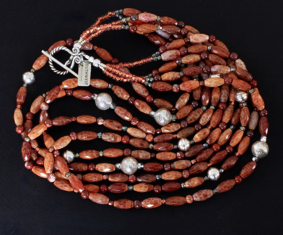 Red Fire Agate Faceted Cylinder 5-Strand Necklace with Red Snakeskin Jasper, Czech Glass, Hill Tribe Silver and Sterling Silver