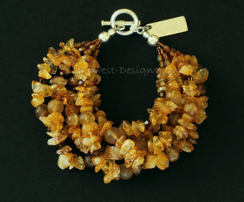 Santo Domingo Amber Chip 5-Strand Bracelet with Amber Quartz Rounds, Swarovski Crystal Bicones, Amber Picasso Fire Polished Glass, and Sterling Silver Toggle Clasp