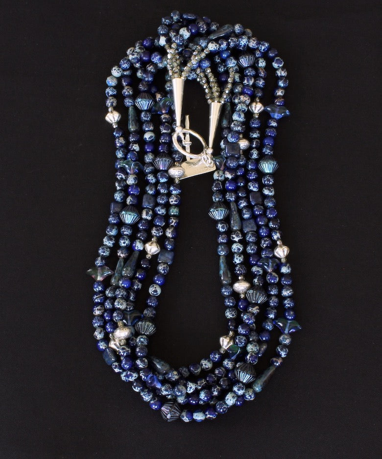 Blue Sea Sediment Jasper 5-Strand Necklace with Lapis, Czech Glass & Sterling Silver