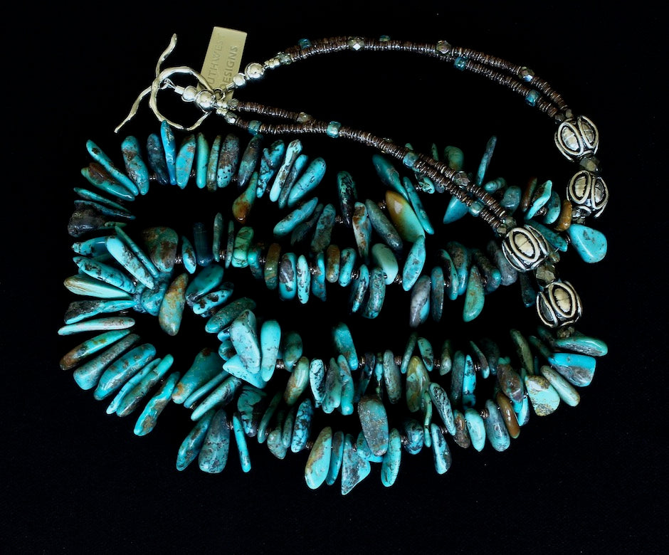 Turquoise Graduated Briolette 2-Strand Necklace with Shell Heishi, Fire Polished Glass and Sterling Silver