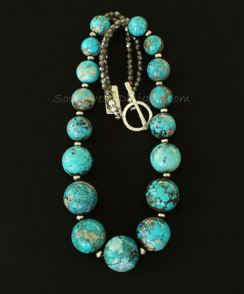 Turquoise Graduated Round Bead Necklace with Oxidized Sterling Silver