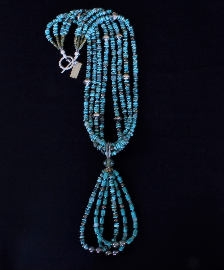 Turquoise Rondelle Bead 4-Strand Necklace with 3-Loop Turquoise Jacla, Czech Glass and Sterling Silver
