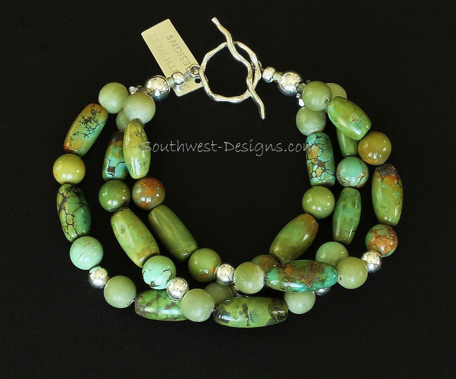 Turquoise & Jade 3-Strand Bracelet with Sterling Silver