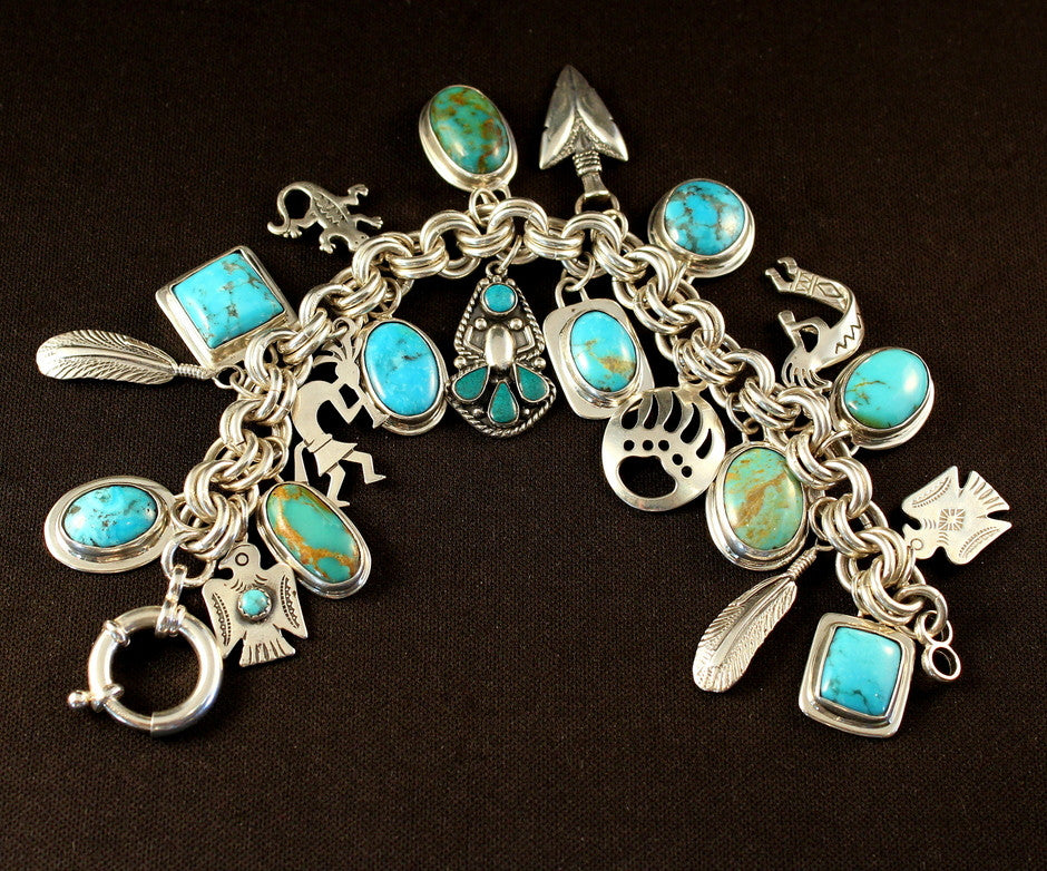 Turquoise and Sterling Silver 20-Pendant Charm Bracelet on 9.2mm Sterling Silver Rope Link Chain