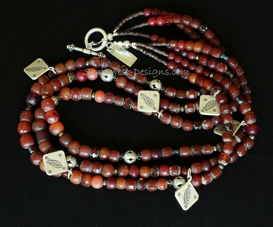 Vintage Burgundy Glass 3-Strand Necklace with Czech & Fire Polished Glass and Sterling Silver
