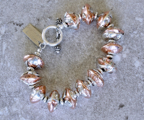 13-Bead Sterling & Copper Bracelet with Sterling Silver Discs and Toggle Clasp