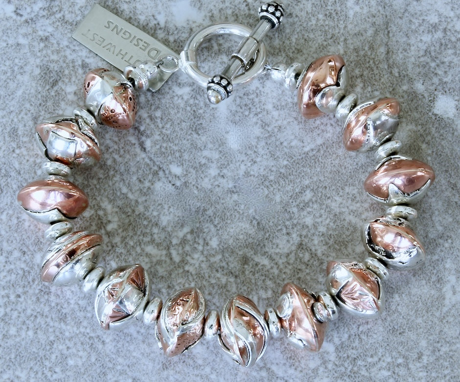 13-Bead Sterling & Copper Bracelet with Sterling Silver Discs & Toggle Clasp