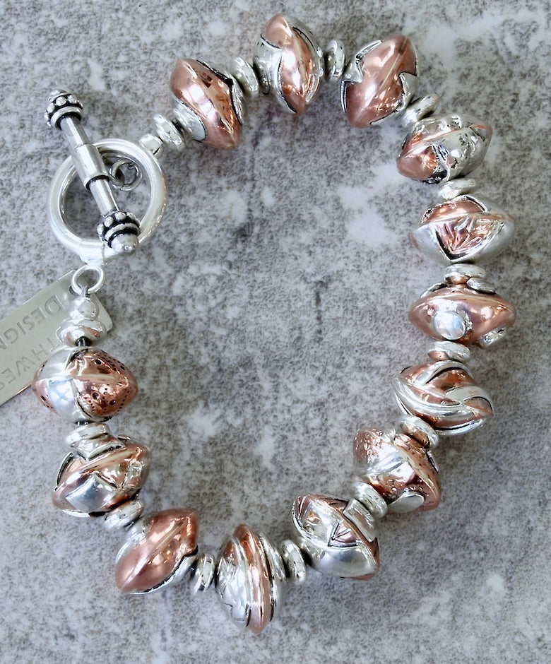 13-Bead Sterling & Copper Bracelet with Sterling Silver Discs & Toggle Clasp