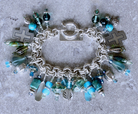 28-Charm Turquoise, Czech Glass and Sterling Silver Bracelet with Sterling Silver Link Chain and Spring Ring Clasp