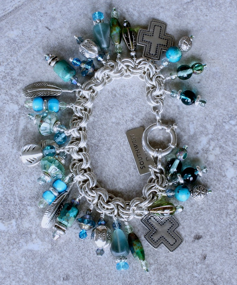 28-Charm Turquoise, Czech Glass and Sterling Silver Bracelet with Sterling Silver Link Chain and Spring Ring Clasp