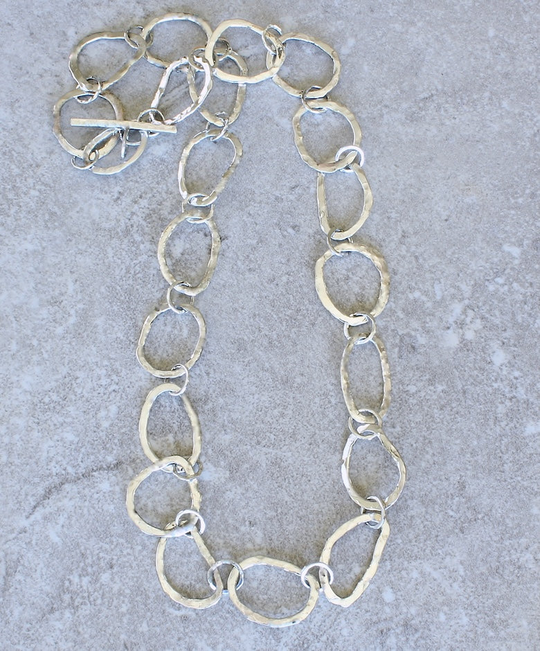 42-Piece Hammered Sterling Silver Ring Necklace with a Sterling Silver Toggle Clasp