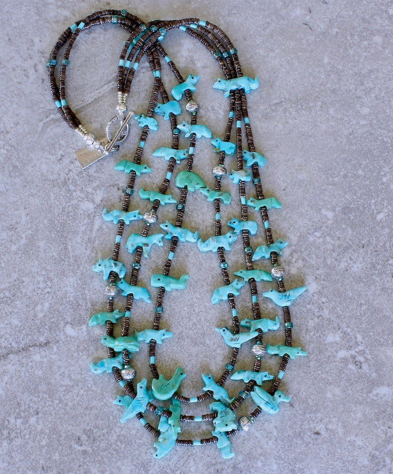 44-Piece Navajo Hand-Carved Kingman Turquoise Amulet Necklace with Czech Glass and Hill Tribe Silver