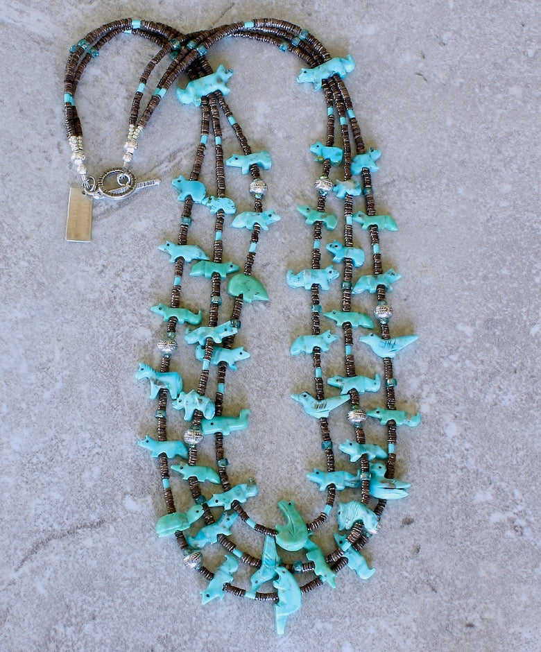 44-Piece Navajo Hand-Carved Kingman Turquoise Amulet Necklace with Czech Glass and Hill Tribe Silver
