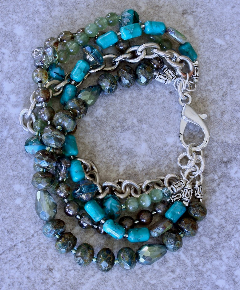 5-Strand Turquoise, Czech Glass and Sterling Silver Bracelet with a Sterling Silver Lobster Clasp