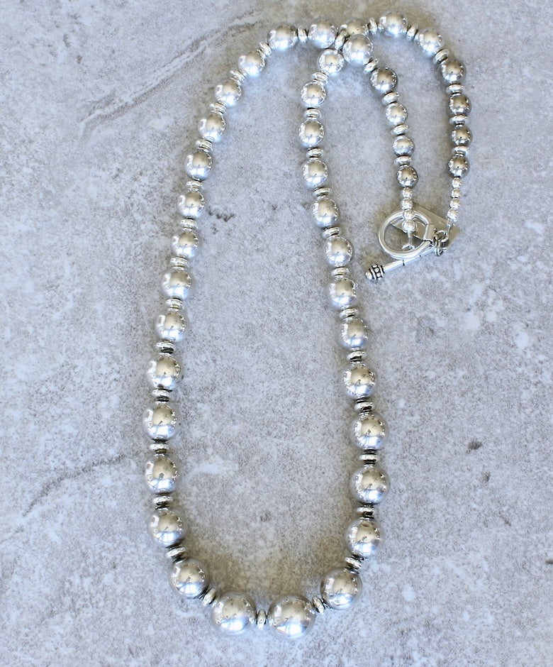 Handcrafted Graduated Sterling Silver Round Bead Necklace with Sterling Silver Discs and Toggle Clasp