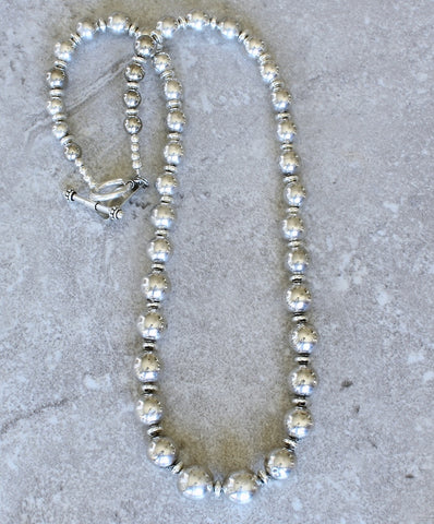 Handcrafted Graduated Sterling Silver Round Bead Necklace with Sterling Silver Discs and Toggle Clasp