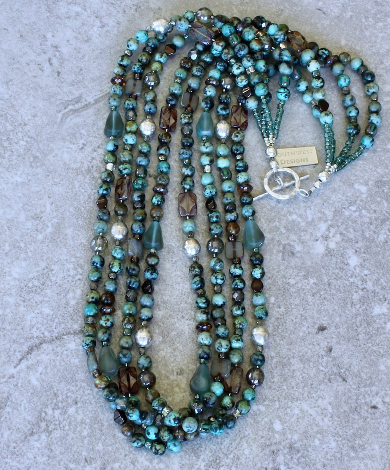 African Turquoise 4-Strand Necklace with Czech Glass and Sterling Silver