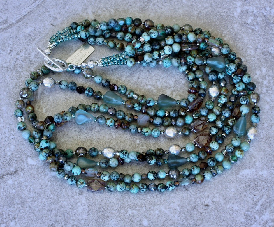 African Turquoise 4-Strand Necklace with Czech Glass and Sterling Silver