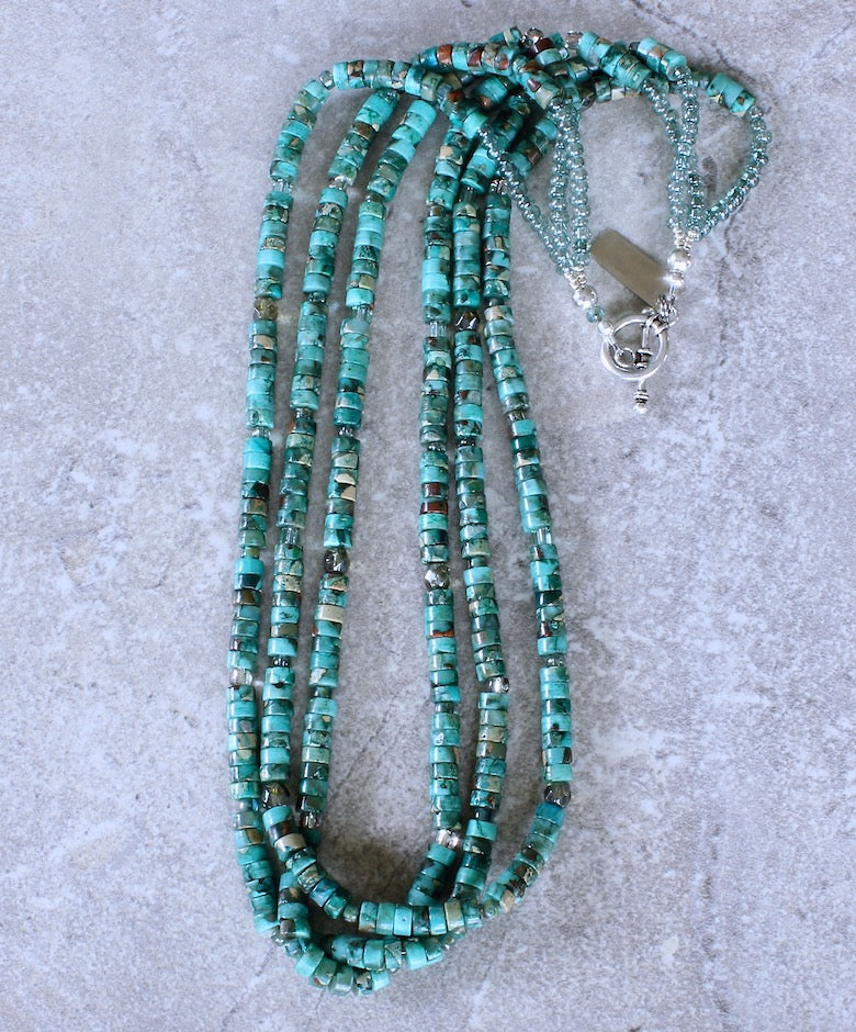 Aqua Terra Jasper Heishi 3-Strand Necklace with Czech Glass and Sterling Silver