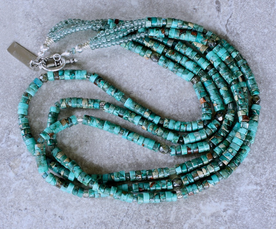 Aqua Terra Jasper Heishi 3-Strand Necklace with Czech Glass and Sterling Silver