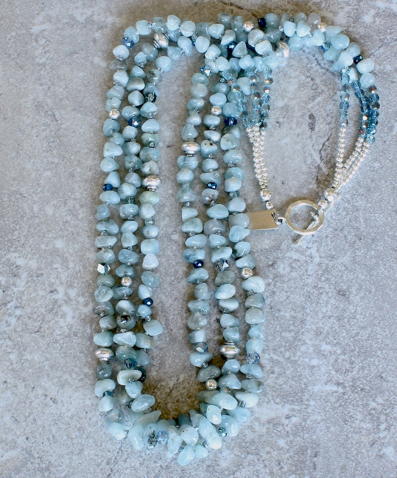 Aquamarine Nugget 3-Strand Necklace with Czech Glass and Sterling Silver