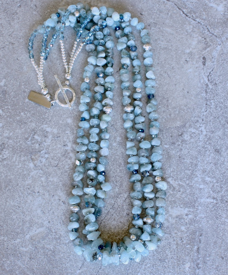 Aquamarine Nugget 3-Strand Necklace with Czech Glass and Sterling Silver