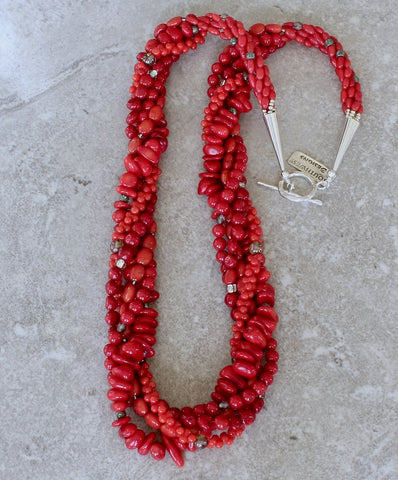 Bamboo Coral 5-Strand Twist Necklace with Czech Glass and Sterling Silver Cones & Toggle Clasp