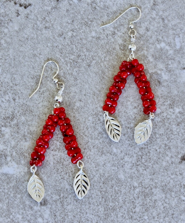 Bamboo Coral Peanuts 2-Dangle Earrings with Sterling Silver Leaf Charms and Earring Wires