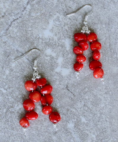 Bamboo Coral Pebble Earrings with Sterling Silver Beads & Earring Wires