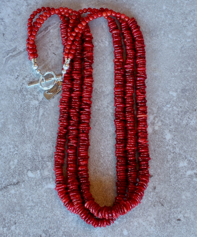 Bamboo Coral Round Disc 3-Strand Necklace with Bamboo Coral Rounds and a Sterling Silver Toggle Clasp