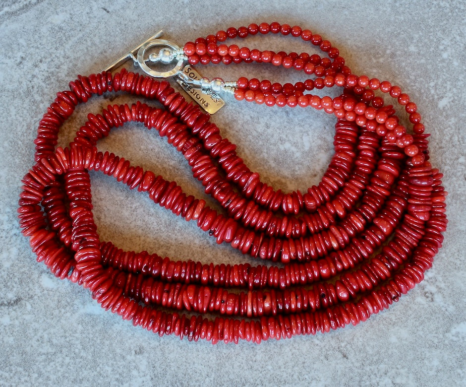Bamboo Coral Round Disc 3-Strand Necklace with Bamboo Coral Rounds and a Sterling Silver Toggle Clasp