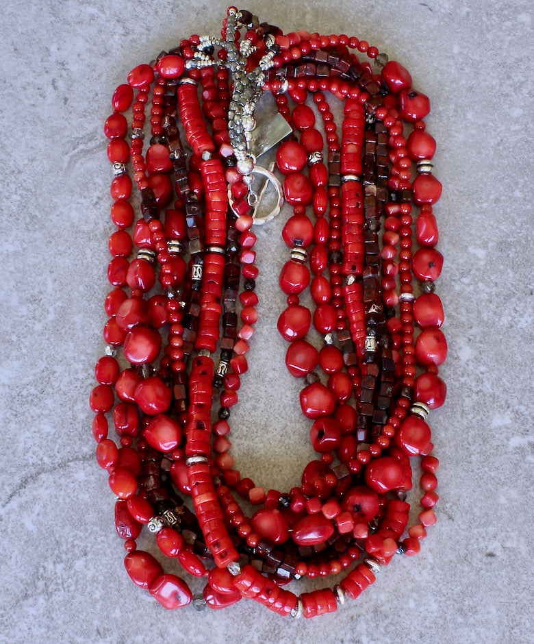 Mixed Bamboo Coral & Poppy Jasper 9-Strand Necklace with Czech Glass and Sterling Silver