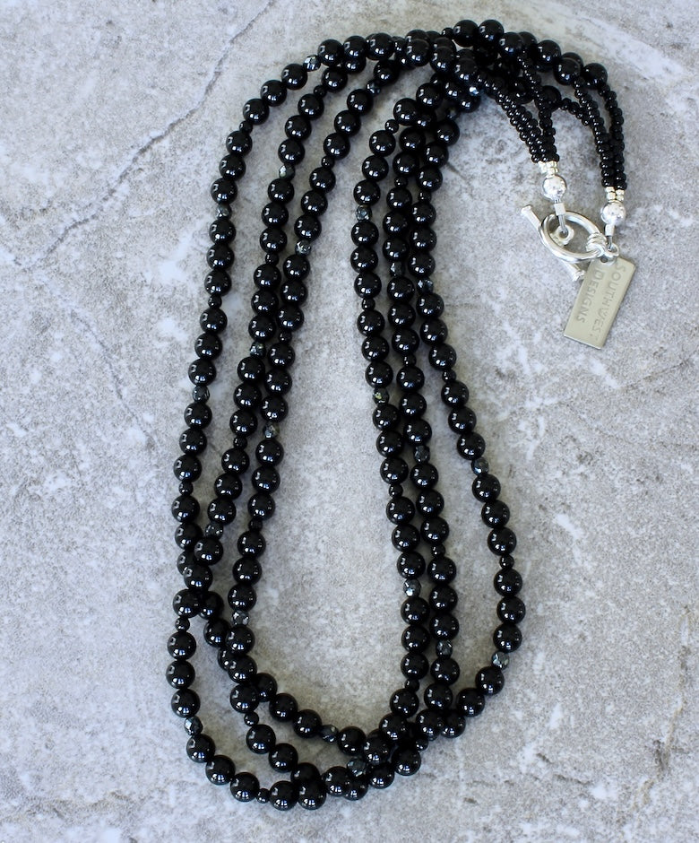 Black Onyx Rounds 3-Strand Necklace with Czech Glass and a Sterling Silver Toggle Clasp