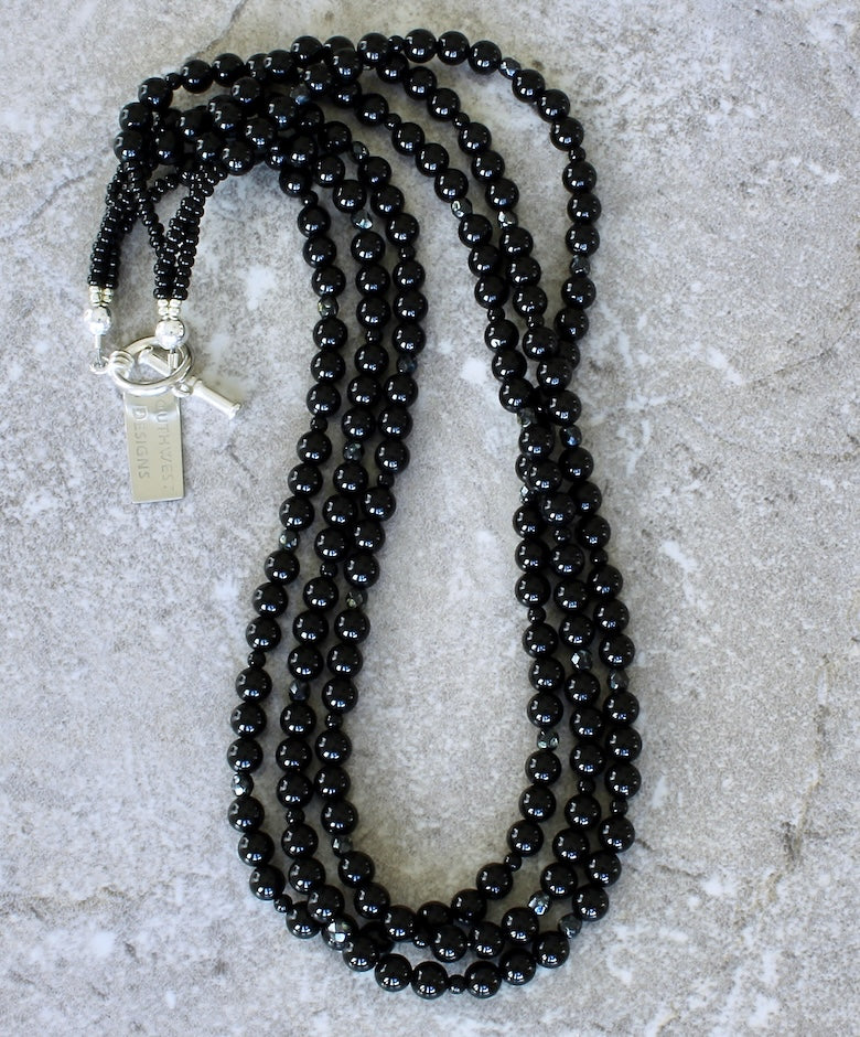 Black Onyx Rounds 3-Strand Necklace with Czech Glass and a Sterling Silver Toggle Clasp