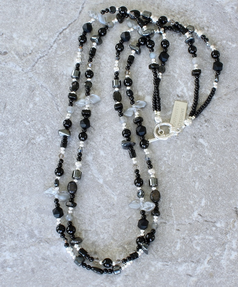 Black Onyx Rounds 2-Strand Necklace with Hematite, Labradorite, Czech Glass, Hypersthene and Sterling Silver