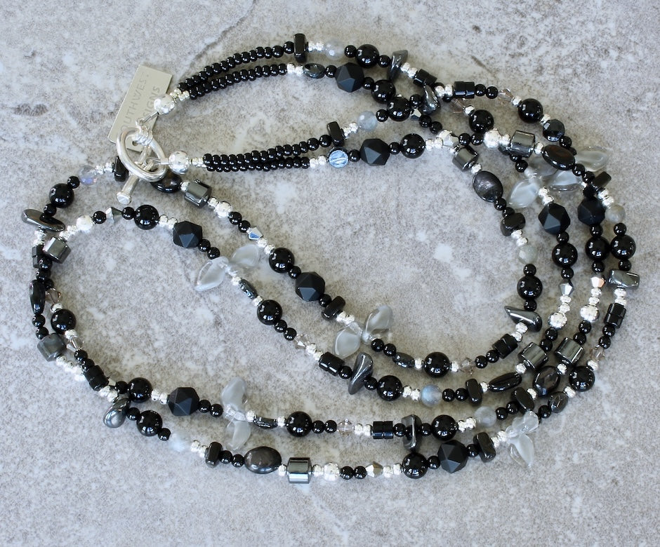 Black Onyx Rounds 2-Strand Necklace with Hematite, Labradorite, Czech Glass, Hypersthene and Sterling Silver