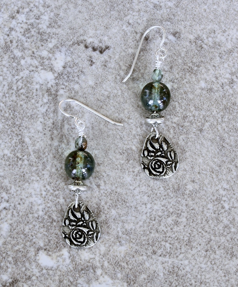Blue-Green Czech Druk Glass Rounds with Czech Fire Polished Glass, Stamped Sterling Rondelles, TierraCast Charms, and Sterling Silver Earring Wires