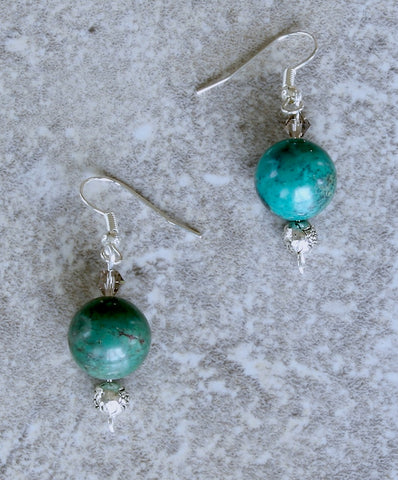 Blue-Green Turquoise Rounds with Czech Glass Faceted Bicones, Ornate Stamped Sterling Rounds, and Sterling Silver Earring Wires