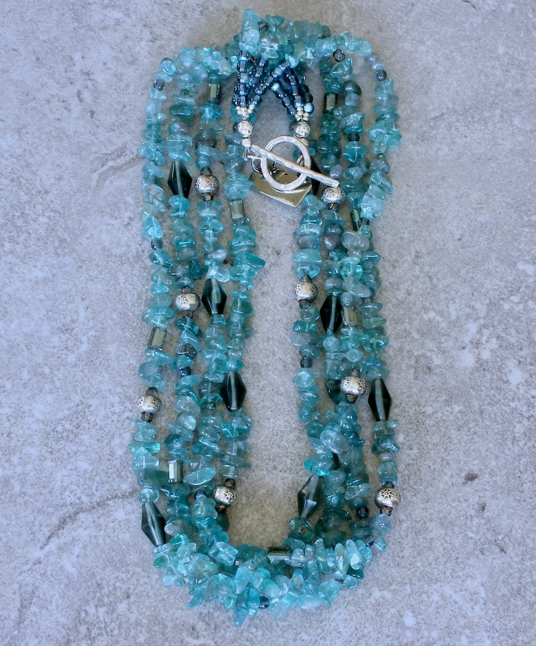 Blue Apatite Nugget 4-Strand Necklace with Crystal, Czech Glass and Sterling Silver