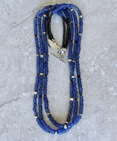 Blue Indonesian Glass 3-Strand Necklace with Black Czech Nailheads, Oxidized Sterling Silver Rounds, and a Sterling Silver Toggle Clasp
