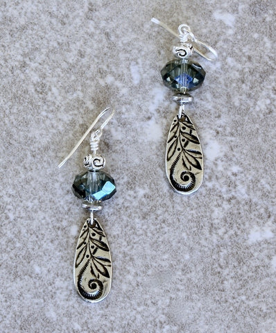 Blue Multi-Faceted Czech Glass Rondelles with Sterling Silver Rounds & Discs, TierraCast Floral Charms, and Sterling Silver Earring Wires