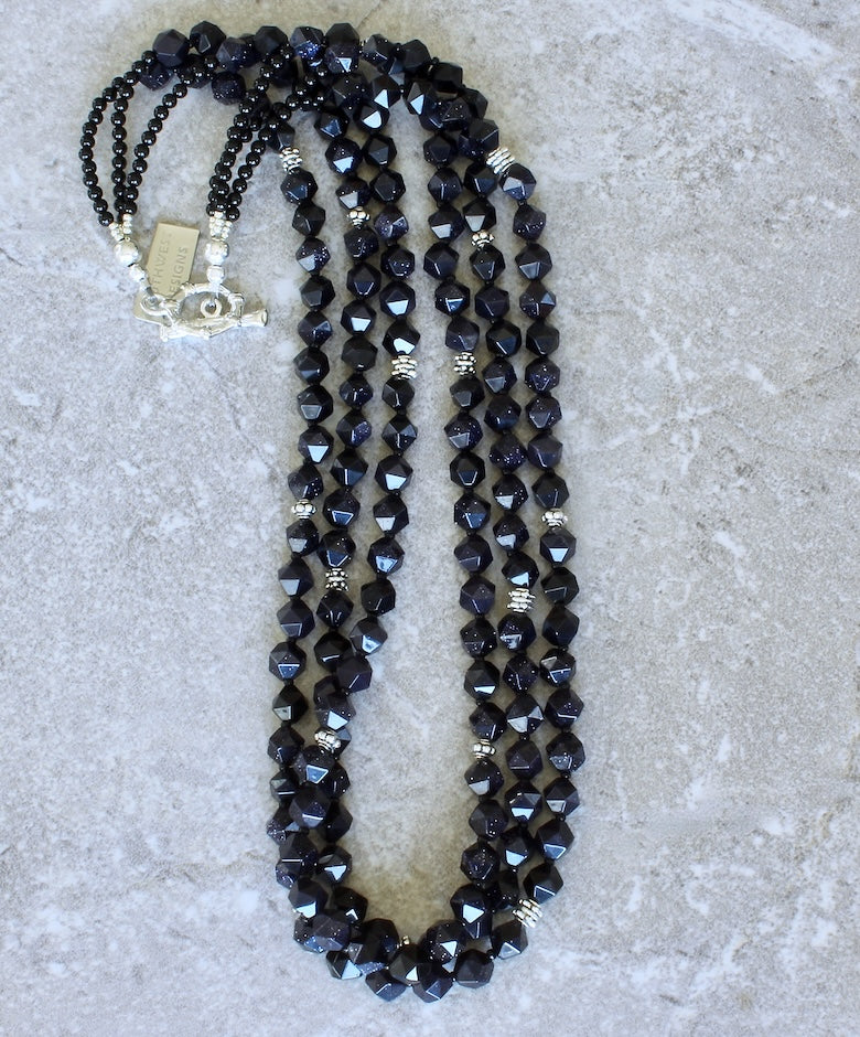Blue Sandstone Faceted Rounds 3-Strand Necklace with Onyx Rounds and Sterling Silver Beads & Toggle Clasp