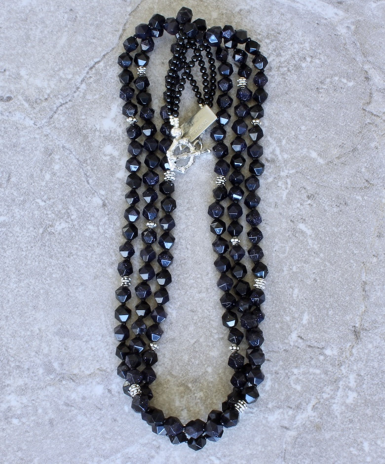Blue Sandstone Faceted Rounds 3-Strand Necklace with Onyx Rounds and Sterling Silver Beads & Toggle Clasp