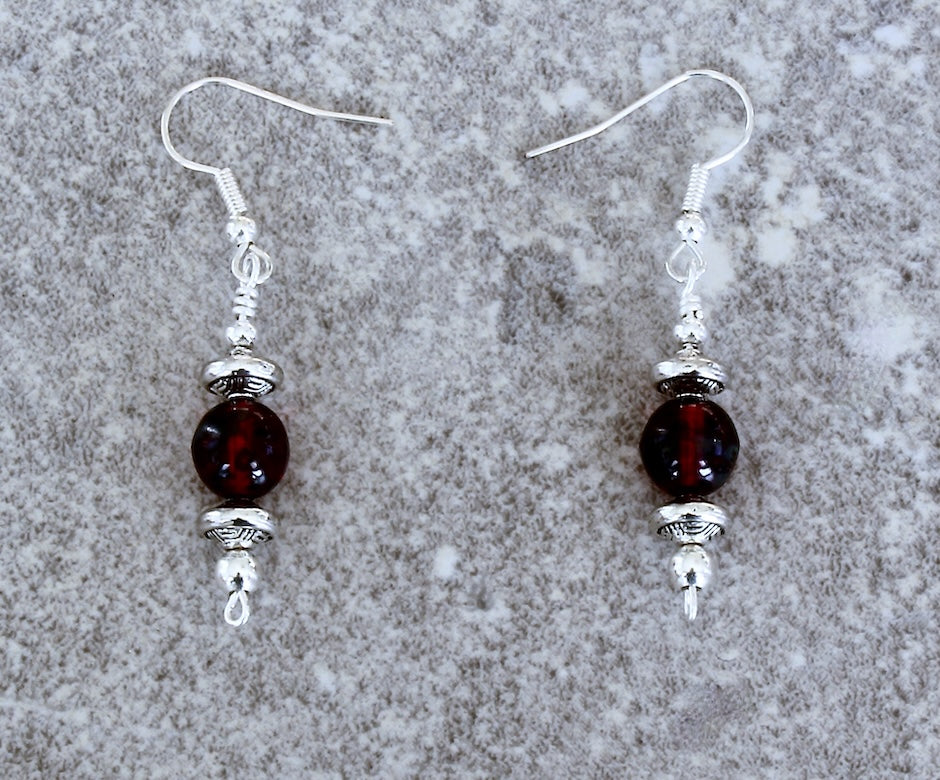Ruby Picasso Czech Glass Rounds with Sterling Silver Beads and Earring Wires