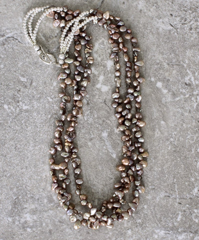 Champagne Keshi Pearl 3-Strand Necklace with Sterling Silver