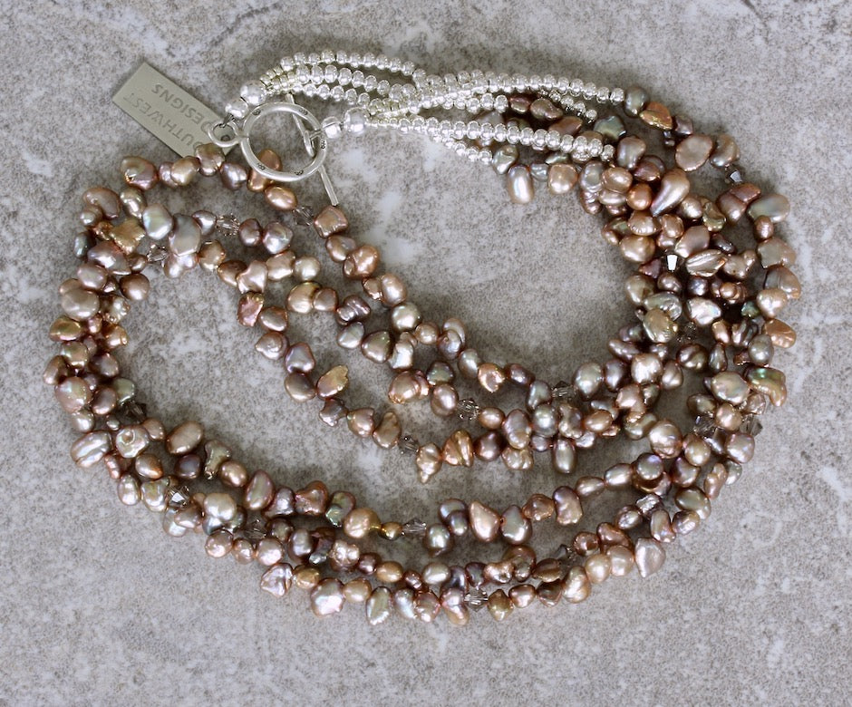 Champagne Keshi Pearl 3-Strand Necklace with Sterling Silver
