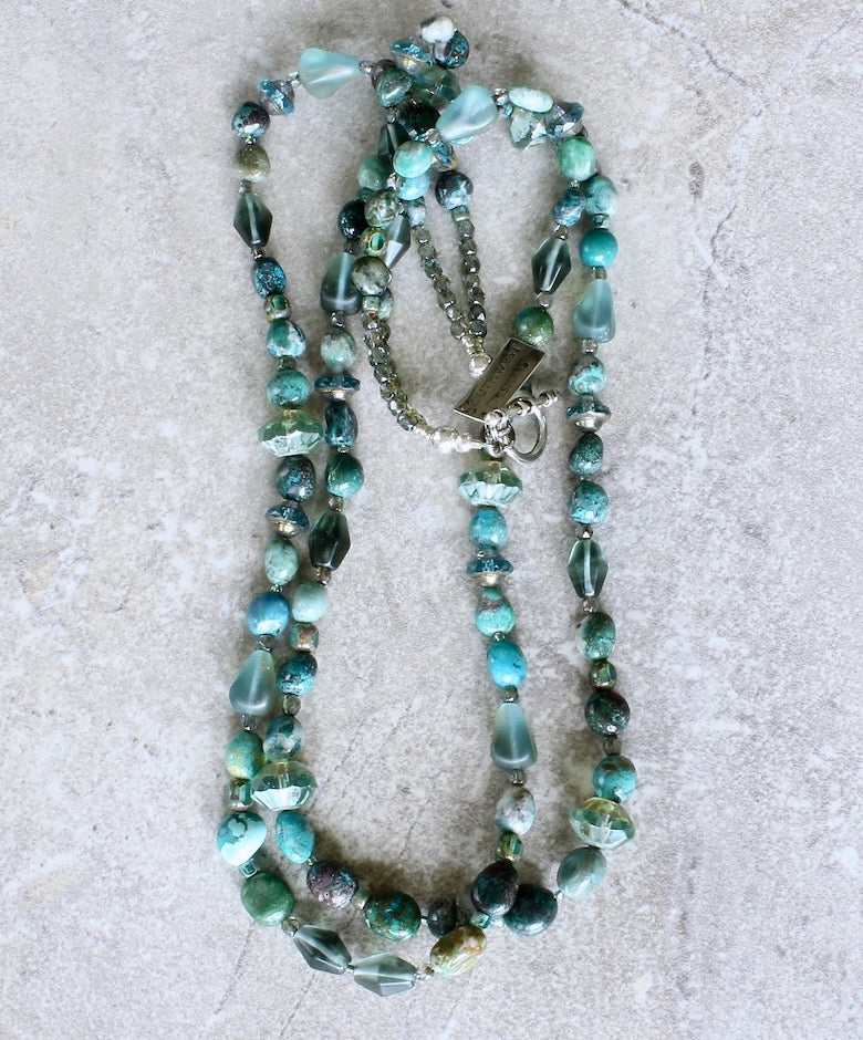 Chrysocolla Nugget 2-Strand Necklace with Czech Glass and Sterling Silver